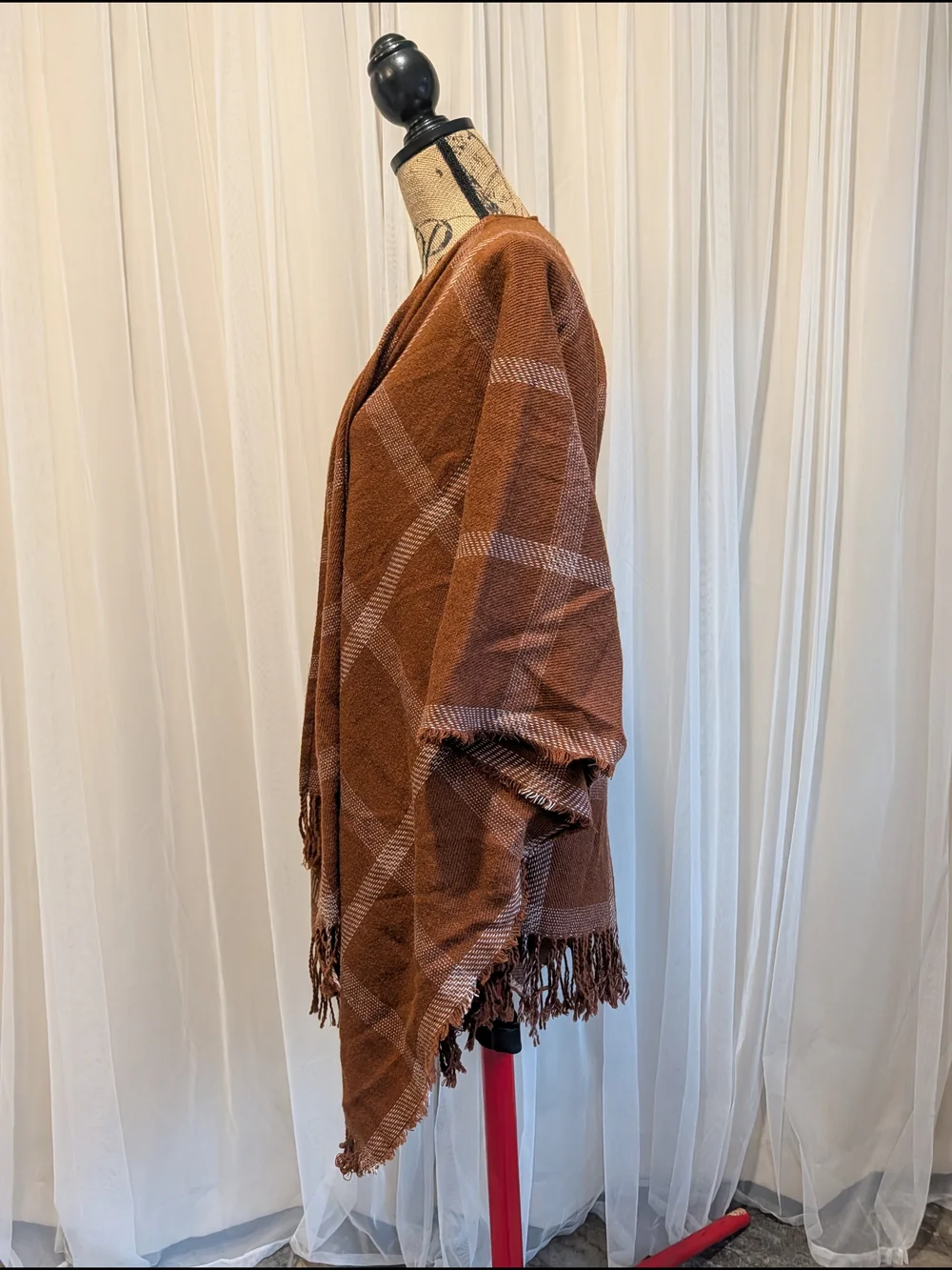 Rust Plaid Fringe Open-Front Poncho
